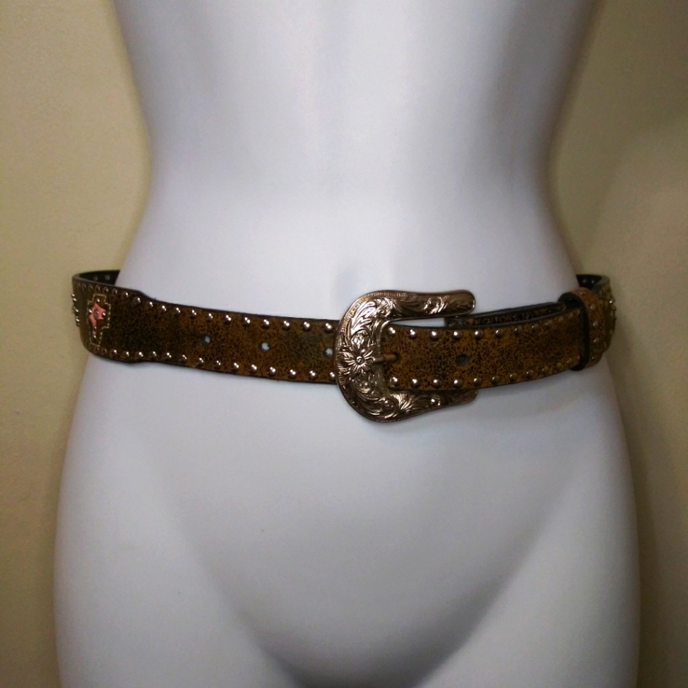 Nocona Belt Co. Girl's Brown & Pink Rhinestone & Silver Studded Western Belt - Picture 1 of 7